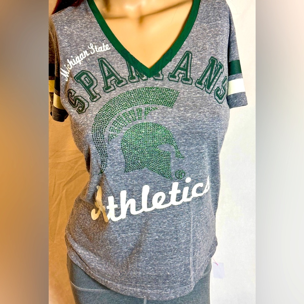 MSU Michigan State T-Shirt with Spartan head in crystals
